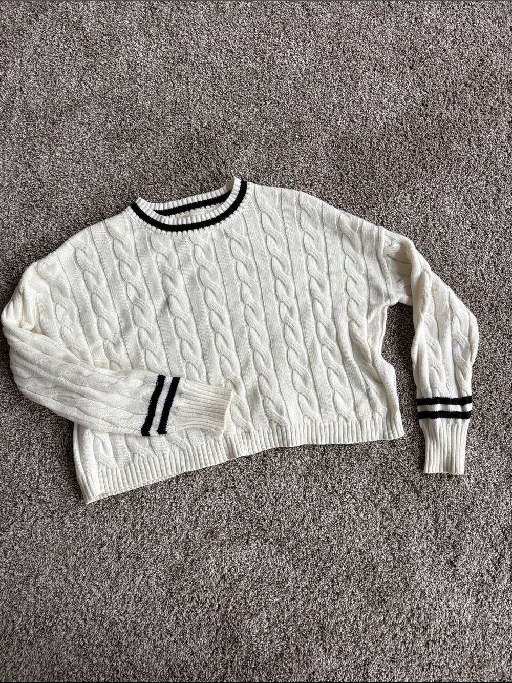 Cable Knit Crewneck Sweater with Contrast Stripes - White